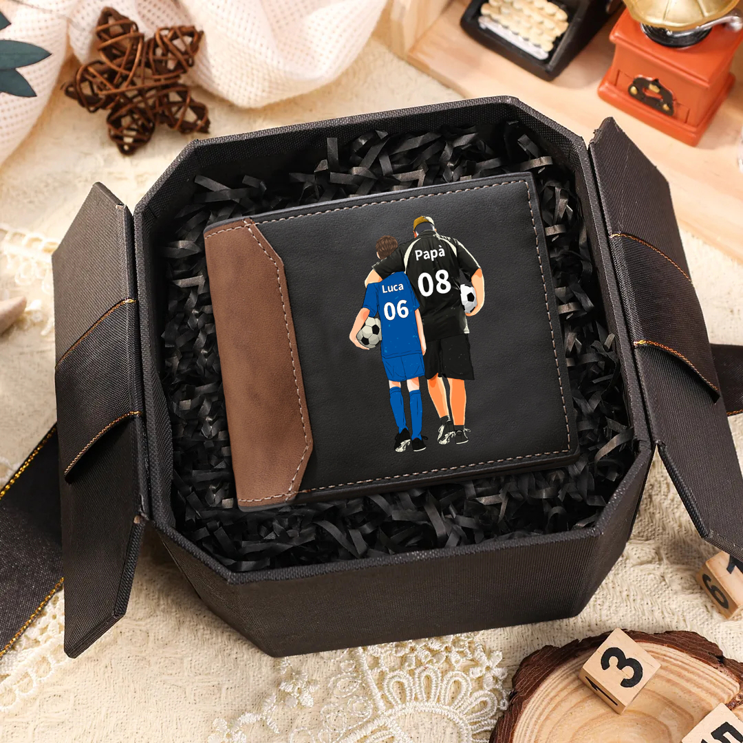Portafoglio Uomo Personalizzato – Incisione Nome Papà & Figlio con Disegno Calcio – Regalo Speciale per Papà | Jessemade
