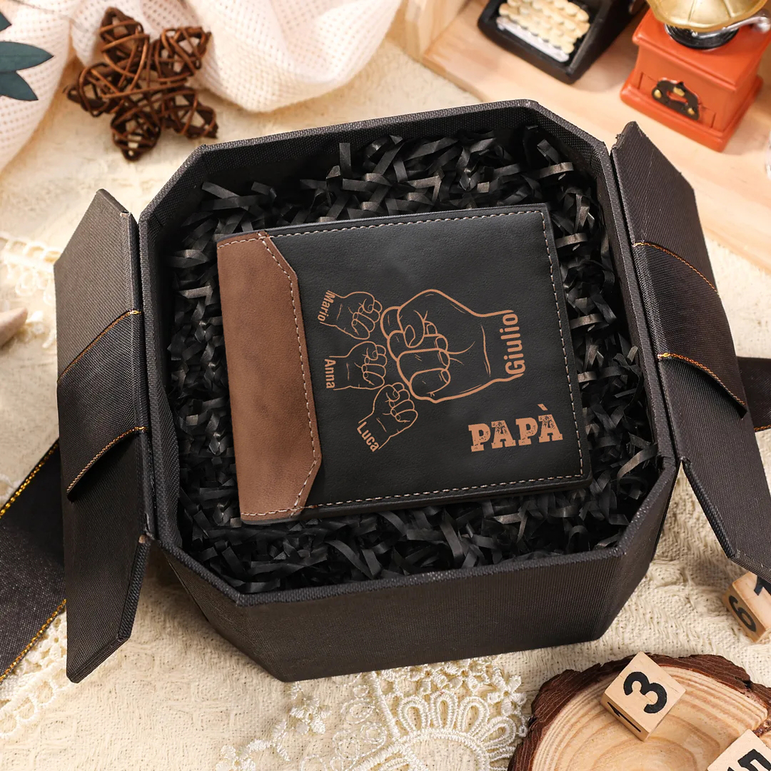 Portafoglio in Pelle Personalizzato – Incisione con 1-8 Nomi a Forma di Pugno – Regalo Speciale per Papà | Jessemade