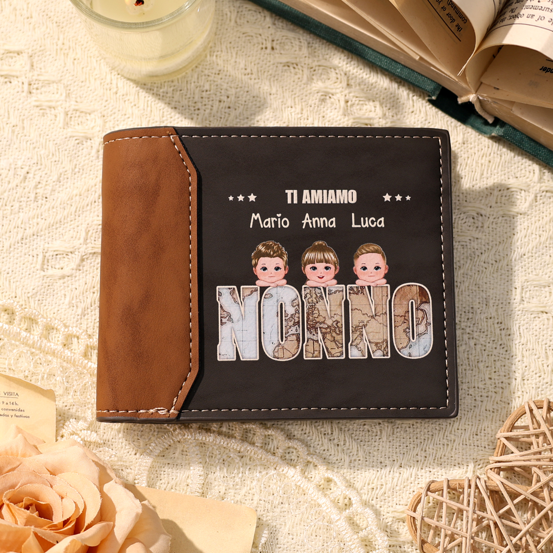 Portafoglio Personalizzato da Uomo in PU – Fino a 6 Nomi e Personaggi – Regalo Perfetto per Nonno | Jessemade