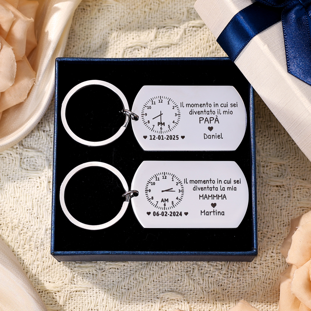 Portachiavi Personalizzato con Foto, Nome, Data e Orologio – "Il Momento in Cui Sei Diventato/a il Mio Papà/Mamma" - Regalo Elegante per Papà/Mamma | Jessemade