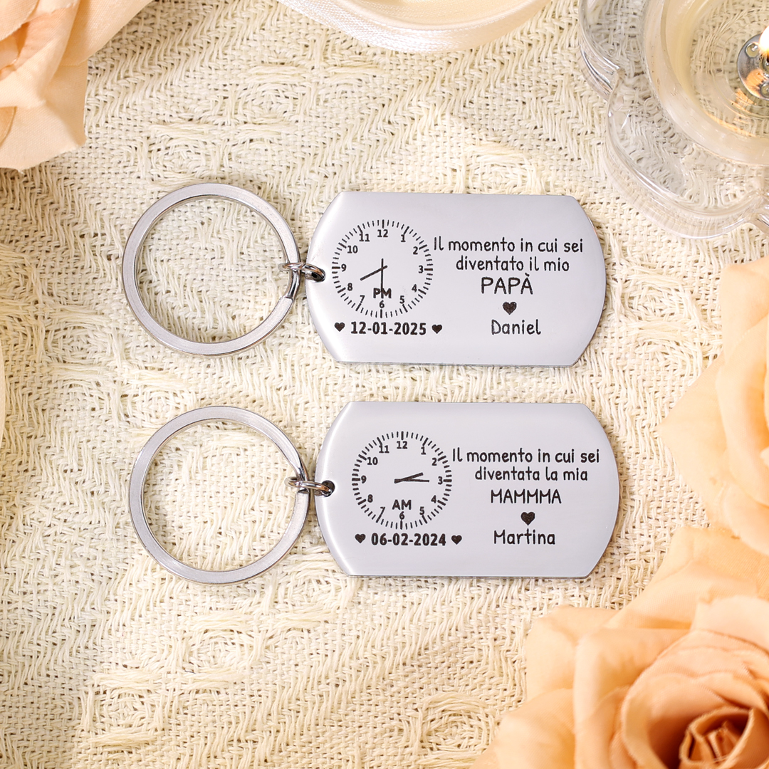 Portachiavi Personalizzato con Foto, Nome, Data e Orologio – "Il Momento in Cui Sei Diventato/a il Mio Papà/Mamma" - Regalo Elegante per Papà/Mamma | Jessemade