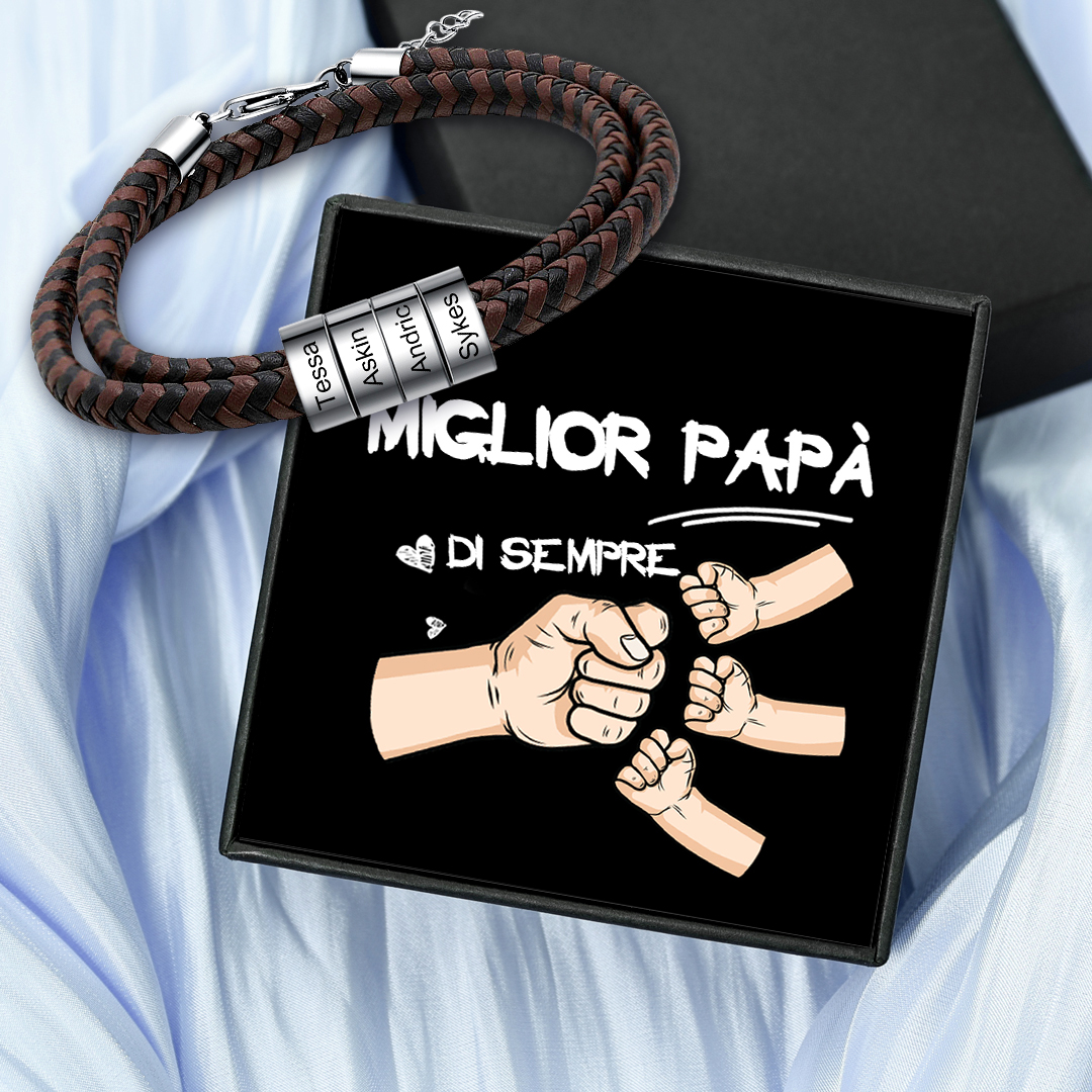 Bracciale in Pelle Intrecciata Personalizzato – Incisione 4 Nomi – Regalo Speciale per Papà/Lui | Jessemade