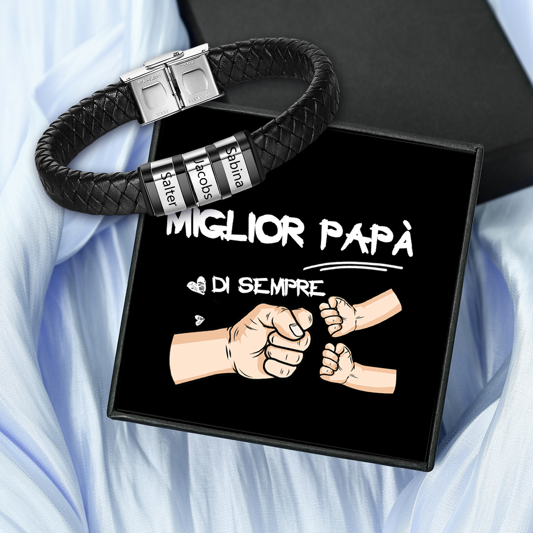 Bracciale Uomo in Pelle Nera Intrecciata – Incisione 3 Nomi Personalizzati – Idea Regalo Speciale per Papà e Lui | Jessemade