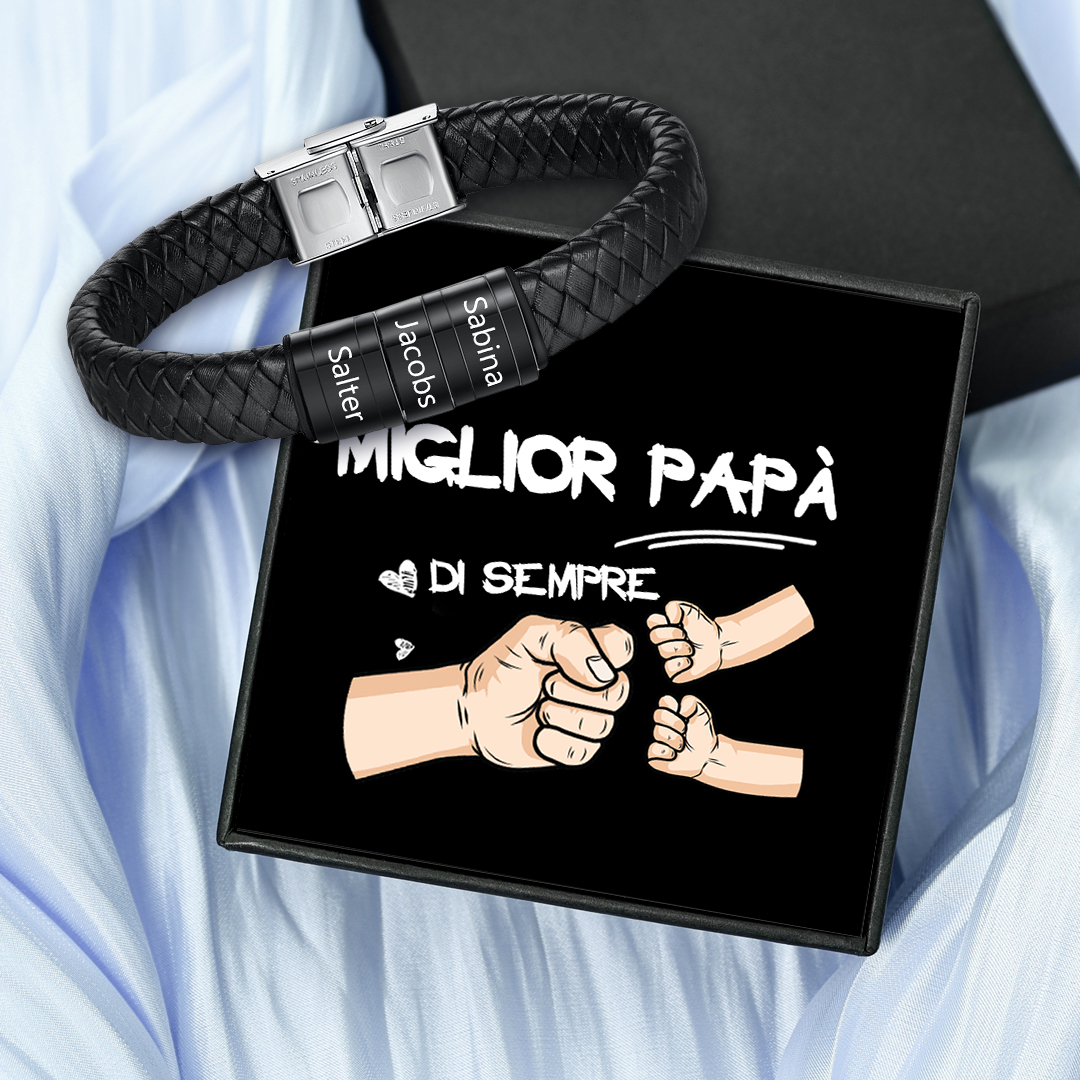 Bracciale Uomo in Pelle Nera Intrecciata – Incisione 3 Nomi Personalizzati – Idea Regalo Speciale per Papà e Lui | Jessemade