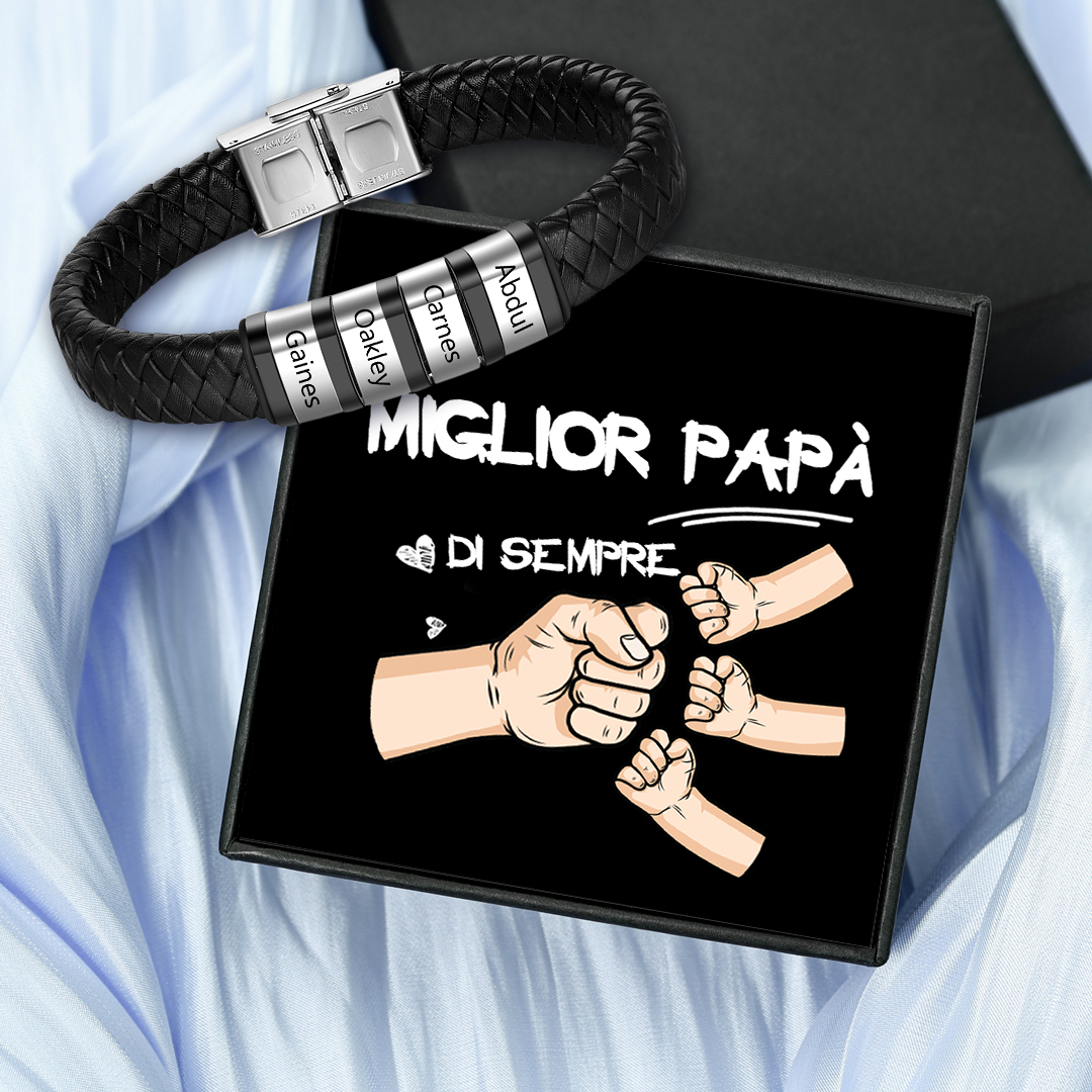 Bracciale Uomo in Pelle Nera Intrecciata – Incisione 4 Nomi Personalizzati – Idea Regalo Speciale per Papà e Lui | Jessemade