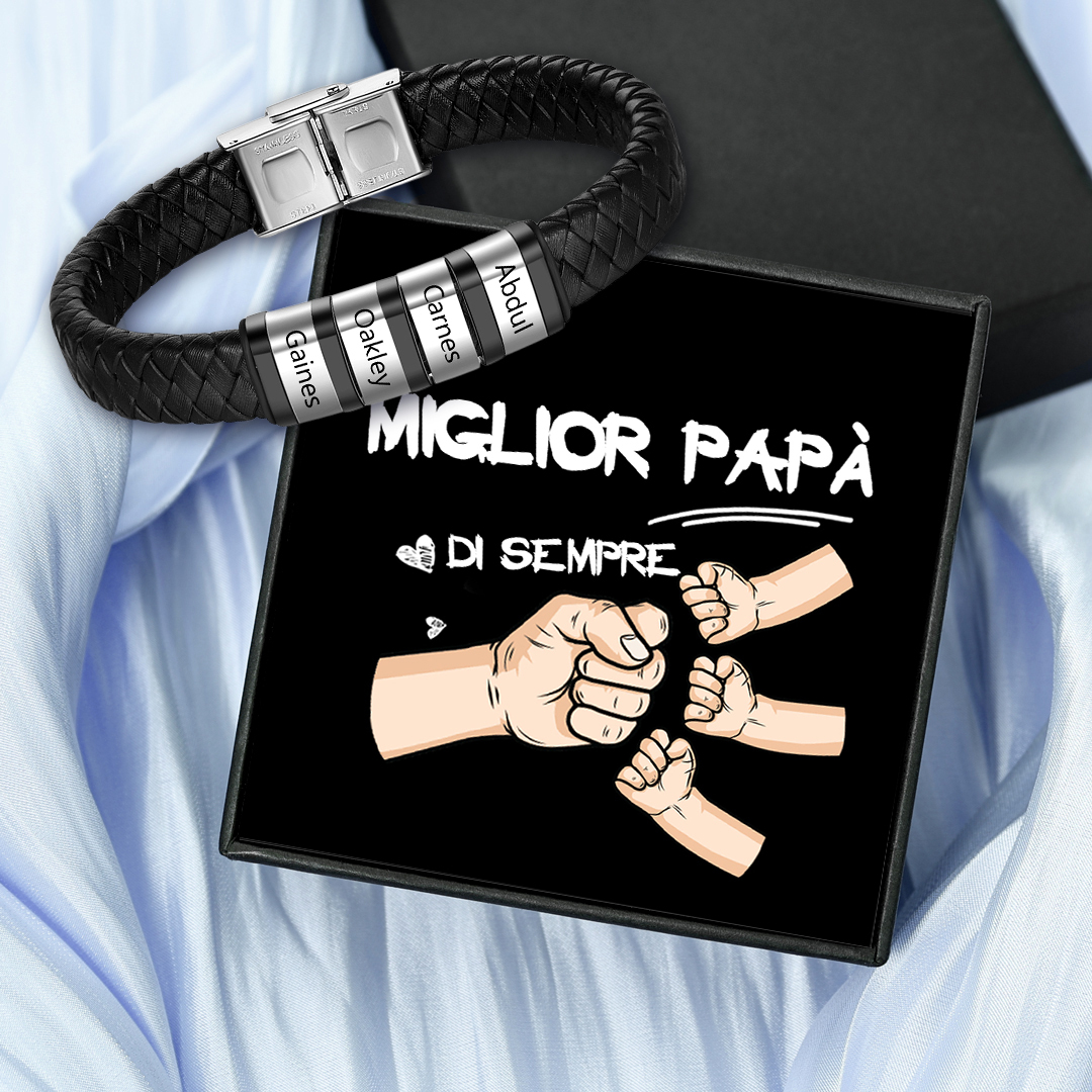 Bracciale Uomo in Pelle Nera Intrecciata – Incisione 4 Nomi Personaliz