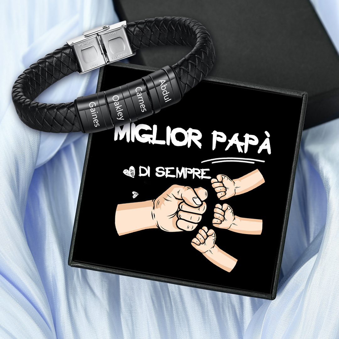 Bracciale Uomo in Pelle Nera Intrecciata – Incisione 4 Nomi Personalizzati – Idea Regalo Speciale per Papà e Lui | Jessemade