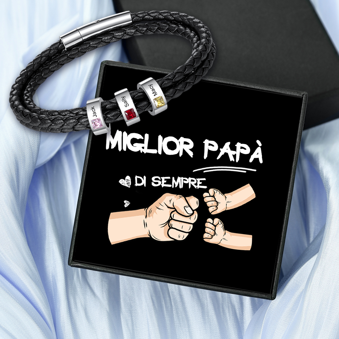 Bracciale Uomo in Pelle Personalizzato – Incisione 3 Nomi e Pietre Nascita – Regalo Speciale per Papà o Lui | Jessemade
