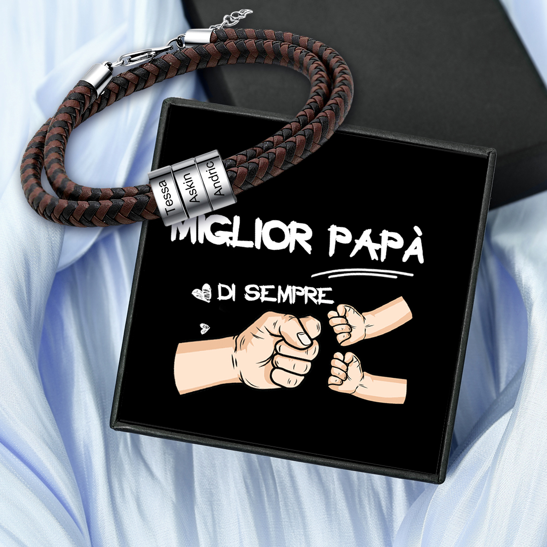 Bracciale in Pelle Intrecciata Personalizzato – Incisione 3 Nomi – Regalo Speciale per Papà/Lui | Jessemade