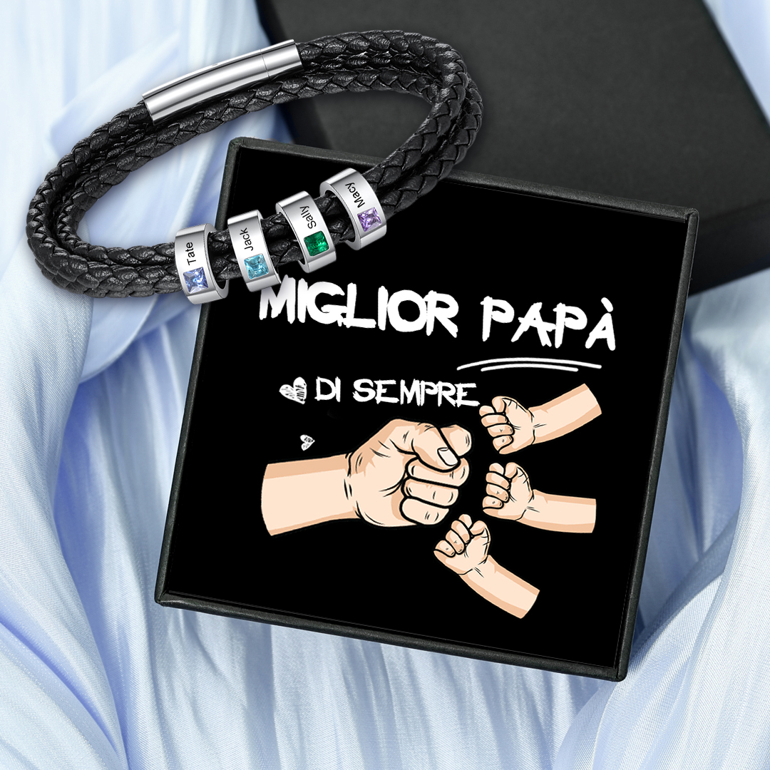 Bracciale Uomo in Pelle Personalizzato – Incisione 4 Nomi e Pietre Nas