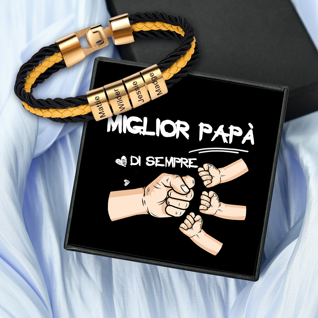 Bracciale Uomo Personalizzato in Pelle – Incisione 4 Nomi – Regalo Elegante per Papà o Lui | Jessemade