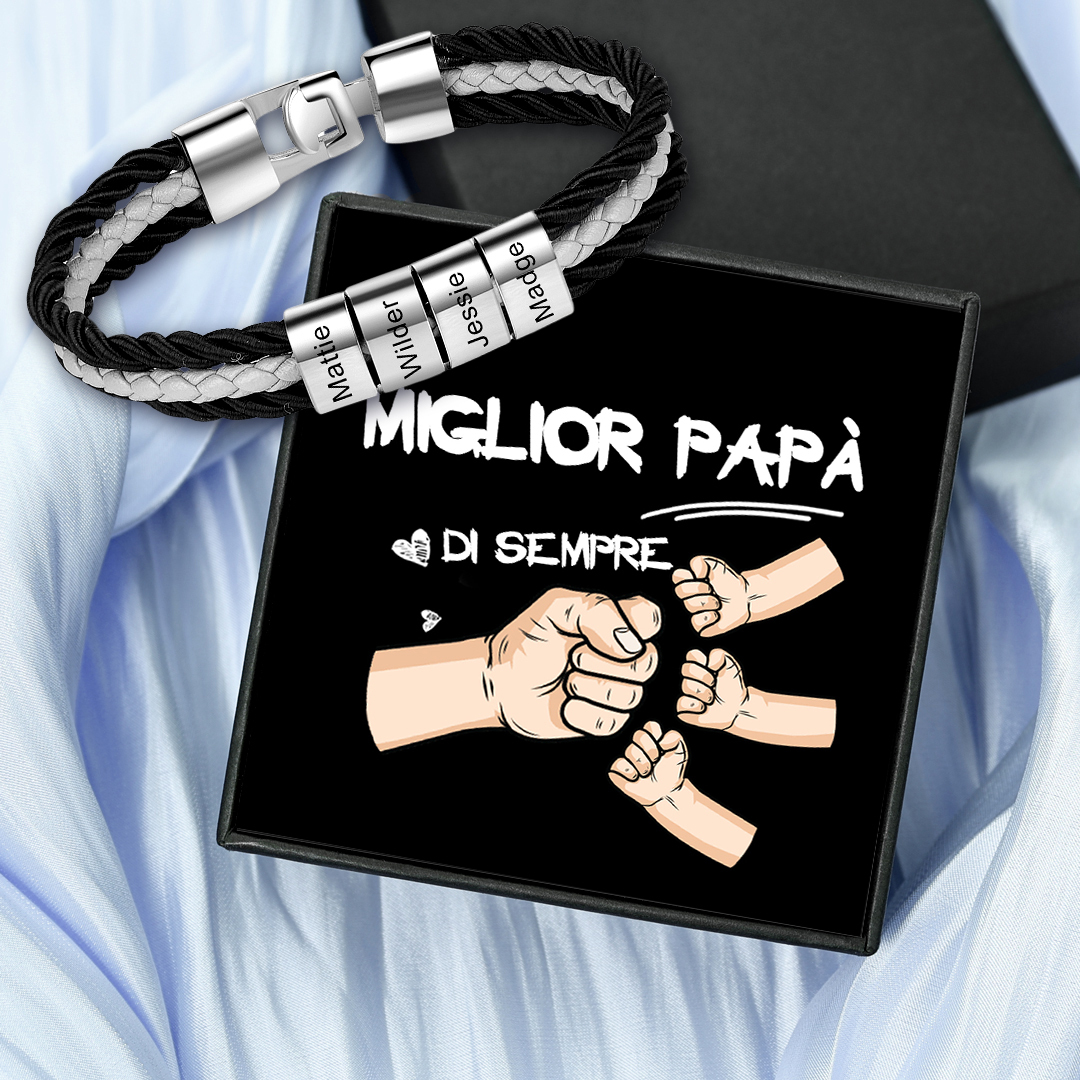 Bracciale Uomo Personalizzato in Pelle – Incisione 4 Nomi – Regalo Elegante per Papà o Lui | Jessemade