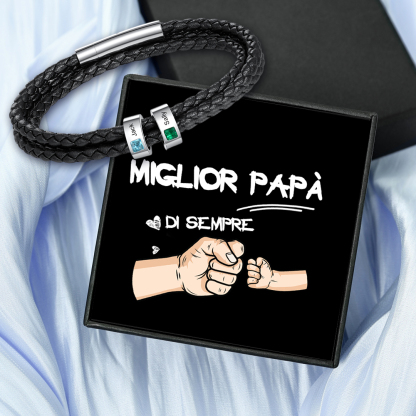 Bracciale Uomo in Pelle Personalizzato – Incisione 2 Nomi e Pietre Nascita – Regalo Speciale per Papà o Lui