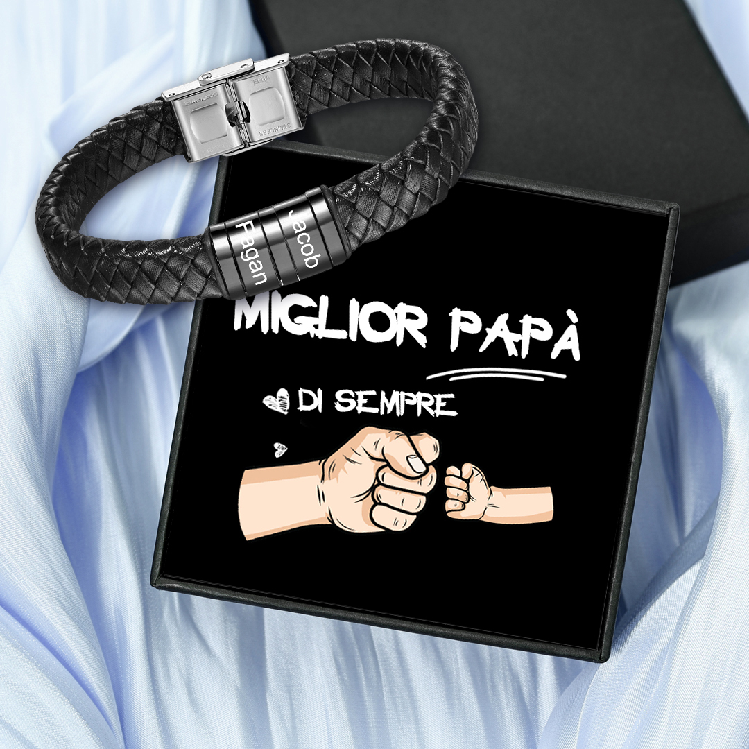 Bracciale Uomo in Pelle Nera Intrecciata – Incisione 2 Nomi Personalizzati – Idea Regalo Speciale per Papà e Lui | Jessemade
