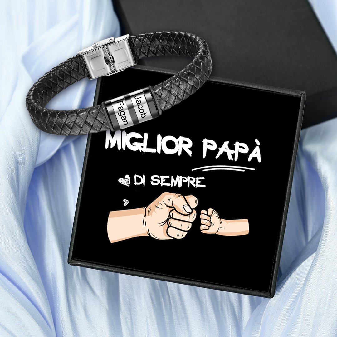 Bracciale Uomo in Pelle Nera Intrecciata – Incisione 2 Nomi Personalizzati – Idea Regalo Speciale per Papà e Lui | Jessemade