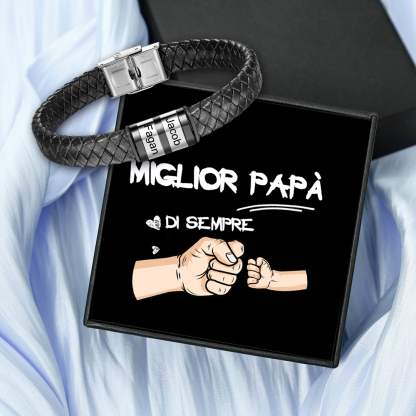 Bracciale Uomo in Pelle Nera Intrecciata – Incisione 2 Nomi Personalizzati – Idea Regalo Speciale per Papà e Lui | Jessemade
