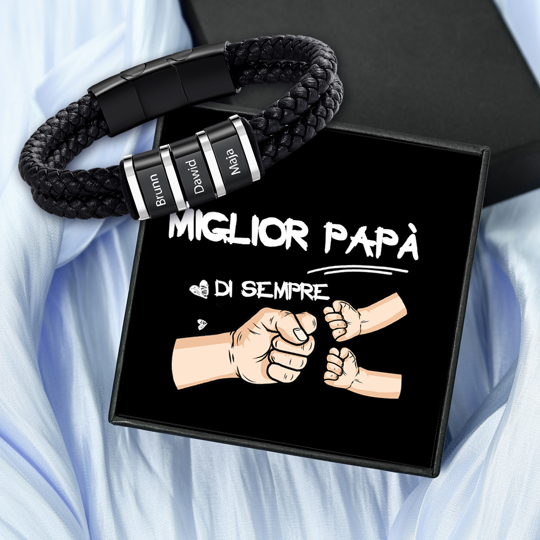 Bracciale Uomo Personalizzato in Pelle – Incisione 3 Nomi – Regalo Ele