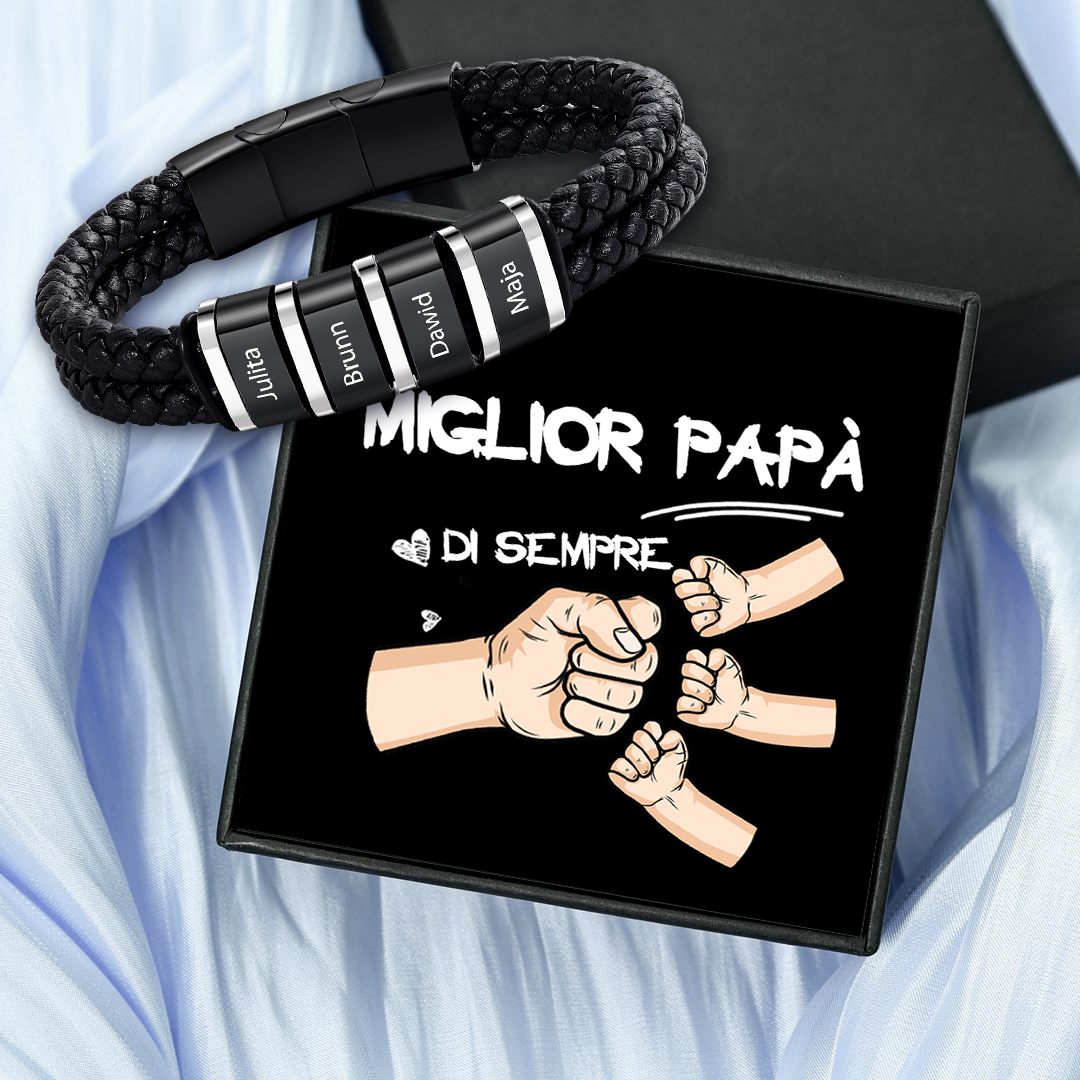 Bracciale Uomo Personalizzato in Pelle – Incisione 4 Nomi – Regalo Elegante per Papà e Lui | Jessemade