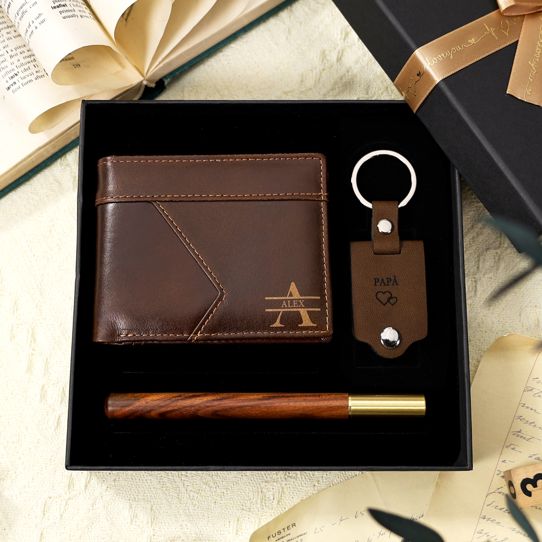 Set Portafoglio & Portachiavi Personalizzato – Incisione Foto, Testo, Nome & Lettera – Regalo Esclusivo per Papà | Jessemade