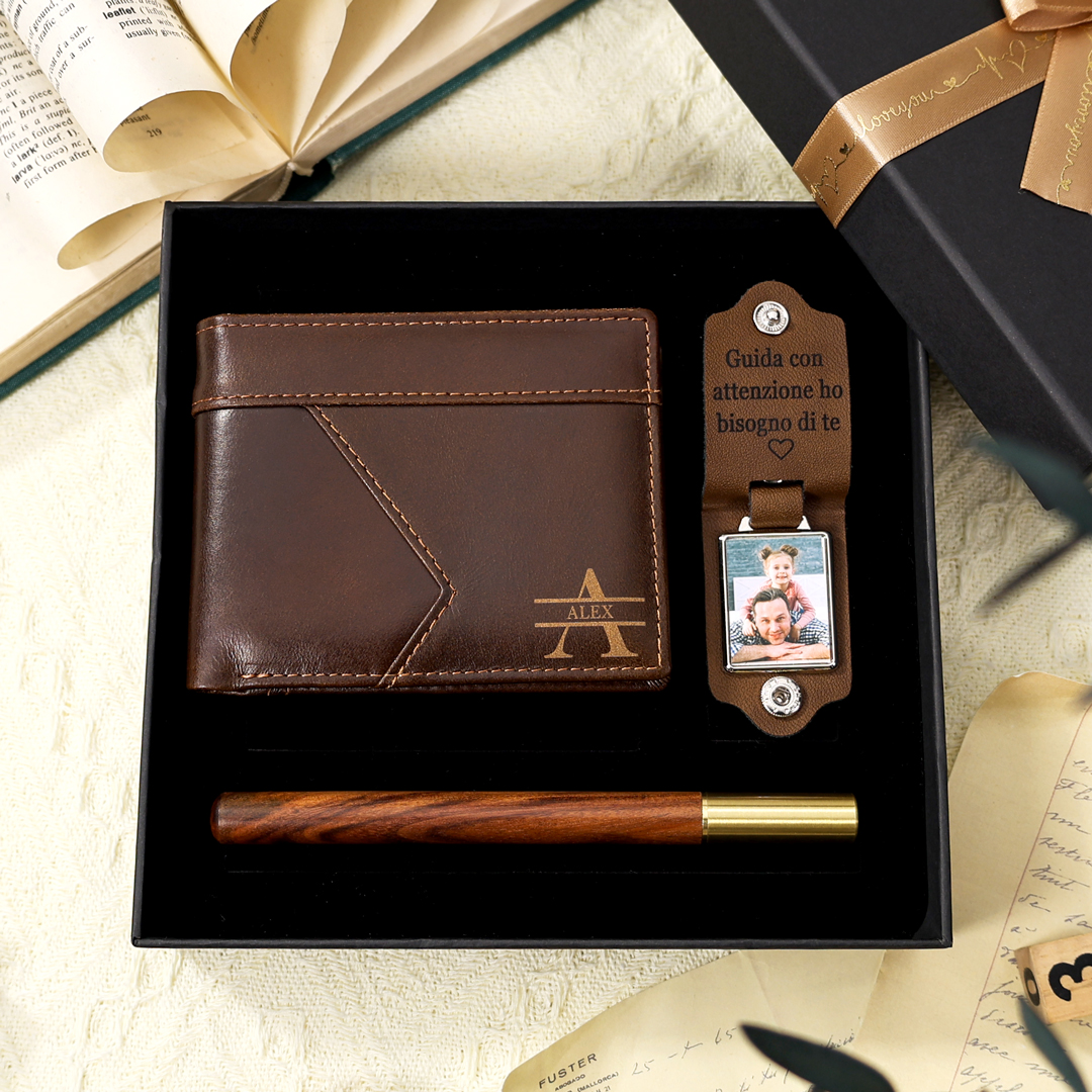 Set Portafoglio & Portachiavi Personalizzato – Incisione Foto, Testo, Nome & Lettera – Regalo Esclusivo per Papà | Jessemade