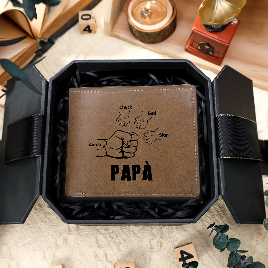 Portafoglio in Pelle Personalizzato con 4 Nomi – Idea Regalo Perfetta per Festa del Papà | Jessemade