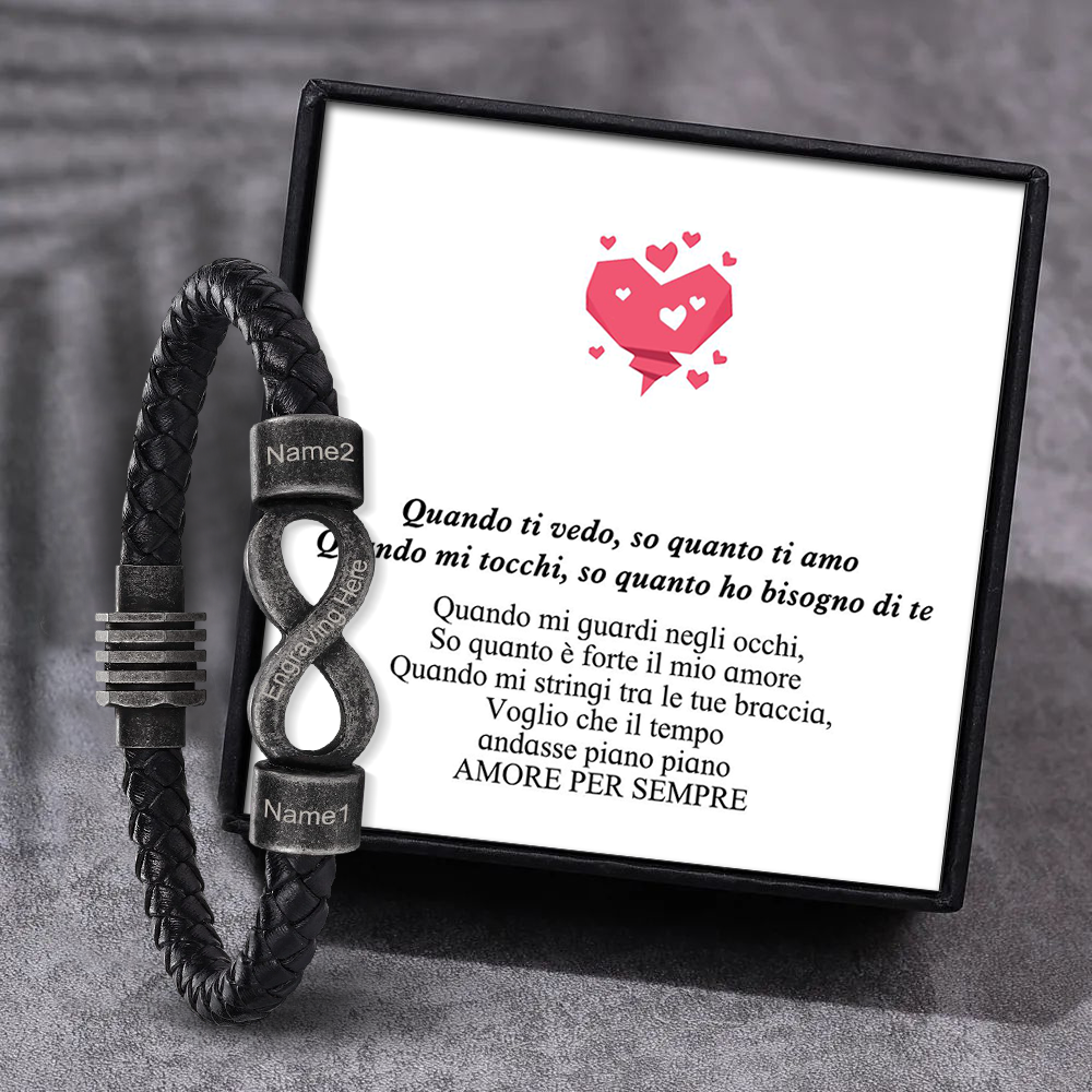 Bracciale Infinito Personalizzabile Uomo – Confezione Regalo con 2 Nomi e 1 Testo "Amore per Sempre" – Idea Regalo di San Valentino per Lui | Jessemade