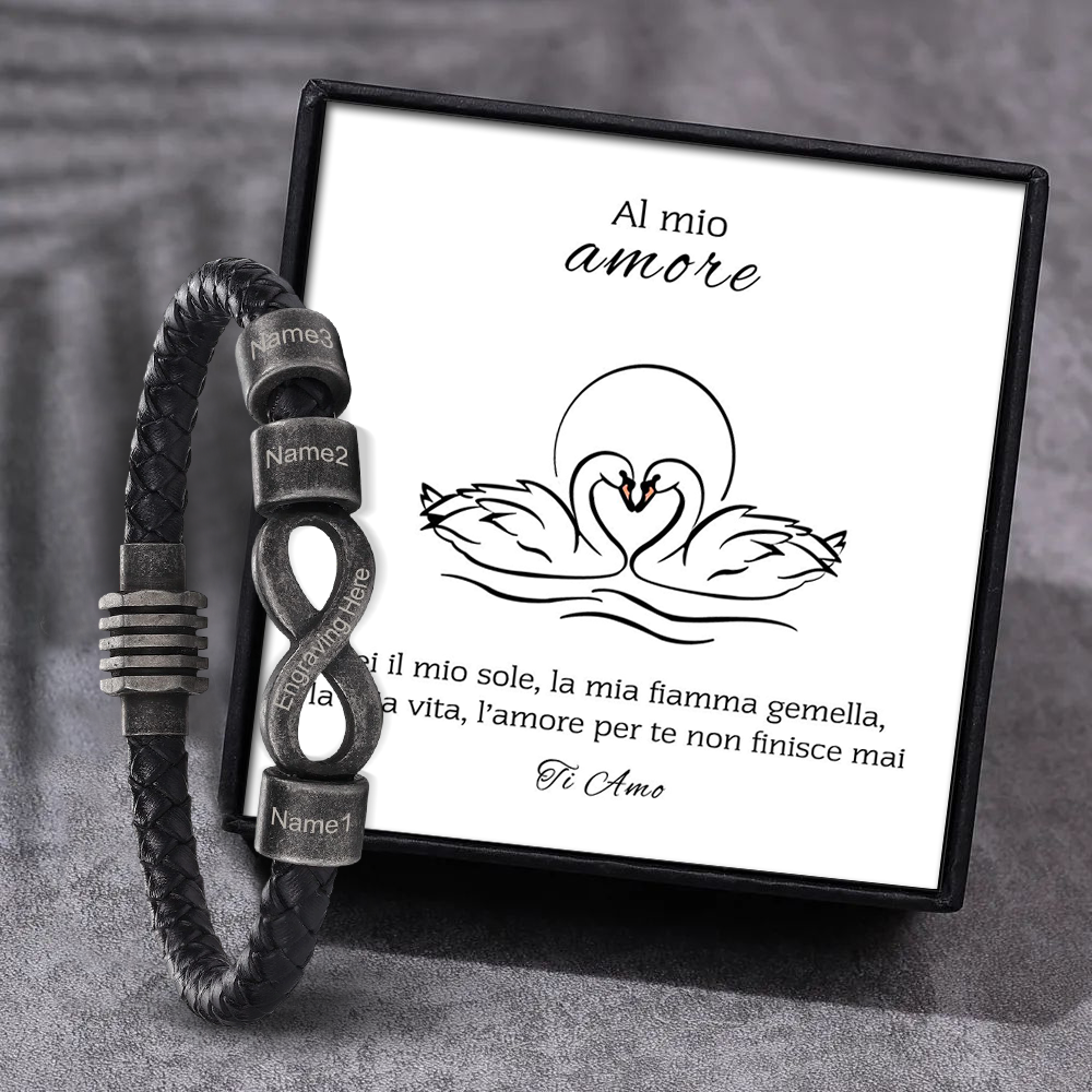 Bracciale Infinito Personalizzabile Uomo – Confezione Regalo con 3 Nomi e 1 Testo "Al Mio Amore" – Regalo di San Valentino per Lui | Jessemade