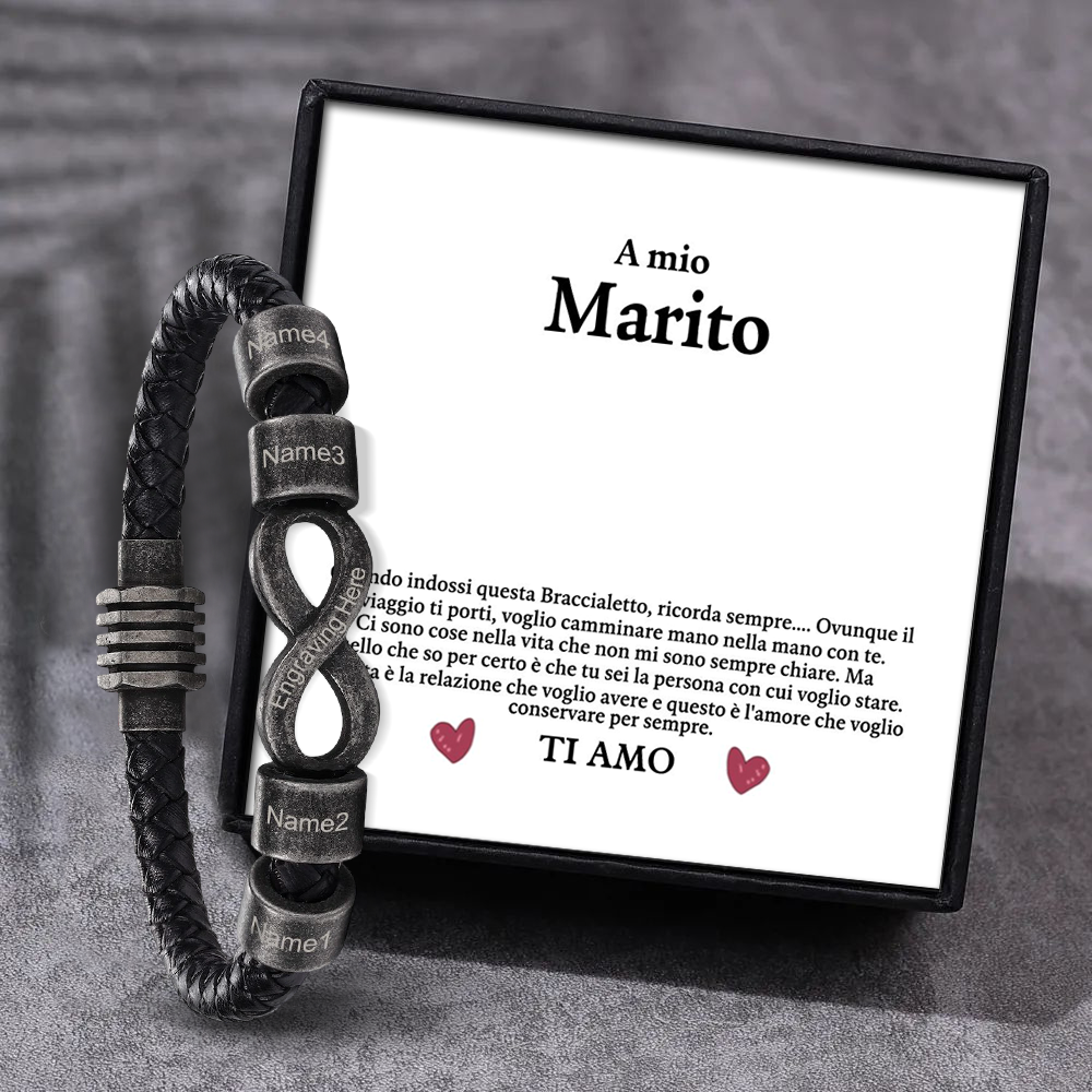 Bracciale Infinito Personalizzabile – Con Confezione Regalo, 4 Nomi e 1 Testo "A Mio Marito" – Regalo di San Valentino per Lui | Jessemade