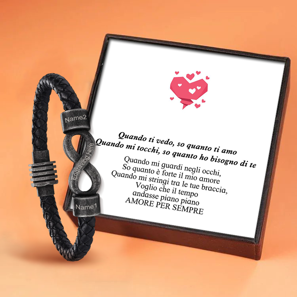 Bracciale Infinito Personalizzabile Uomo – Confezione Regalo con 2 Nomi e 1 Testo "Amore per Sempre" – Idea Regalo di San Valentino per Lui | Jessemade