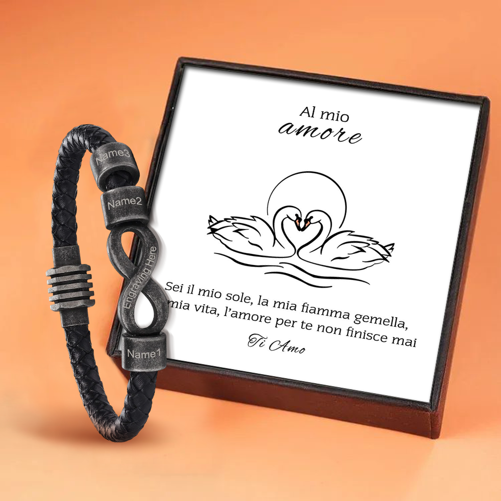 Bracciale Infinito Personalizzabile Uomo – Confezione Regalo con 3 Nomi e 1 Testo "Al Mio Amore" – Regalo di San Valentino per Lui | Jessemade