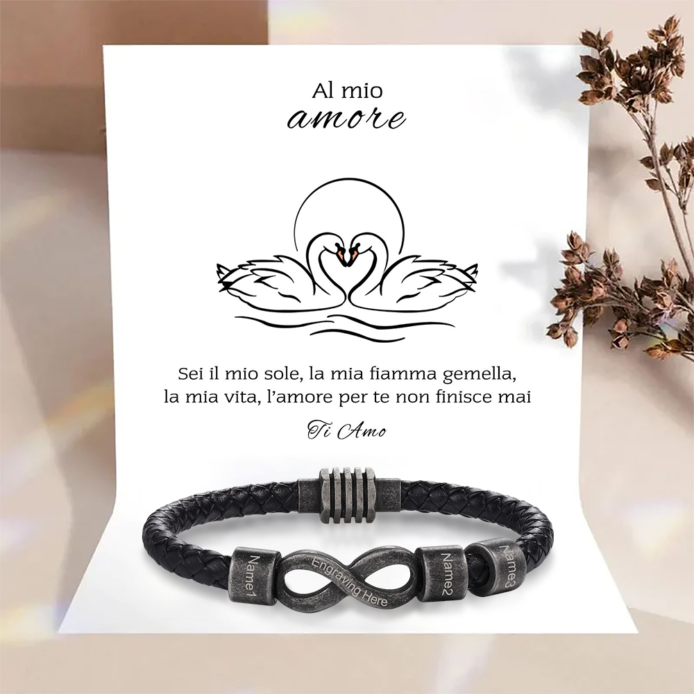 Bracciale Infinito Personalizzabile Uomo – Personalizzato con 3 Nomi e 1 Testo "Al Mio Amore" – Regalo di San Valentino per Lui | Jessemade