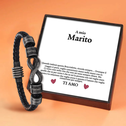 Bracciale Infinito Personalizzabile – Con Confezione Regalo, 4 Nomi e 1 Testo "A Mio Marito" – Regalo di San Valentino per Lui | Jessemade
