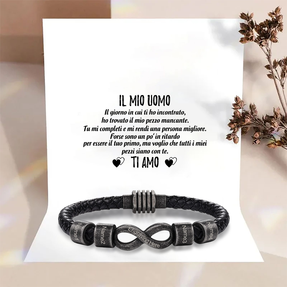 Bracciale Infinito Personalizzabile – Personalizzato con 4 Nomi e 1 Testo "Il Mio Uomo" – Regalo di San Valentino per Lui | Jessemade
