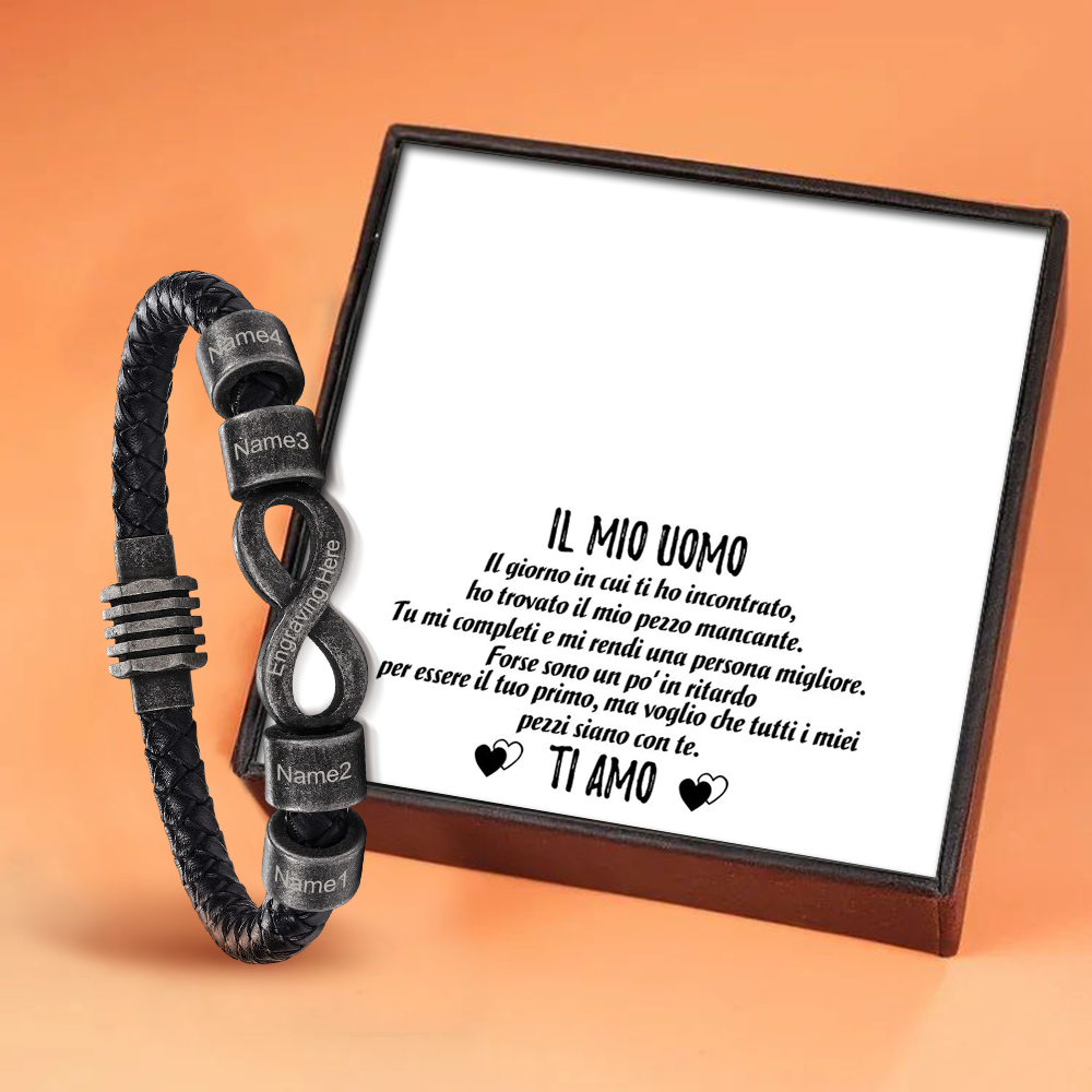 Bracciale Infinito Personalizzabile – Con Confezione Regalo, 4 Nomi e 1 Testo "Il Mio Uomo" – Regalo di San Valentino per Lui | Jessemade