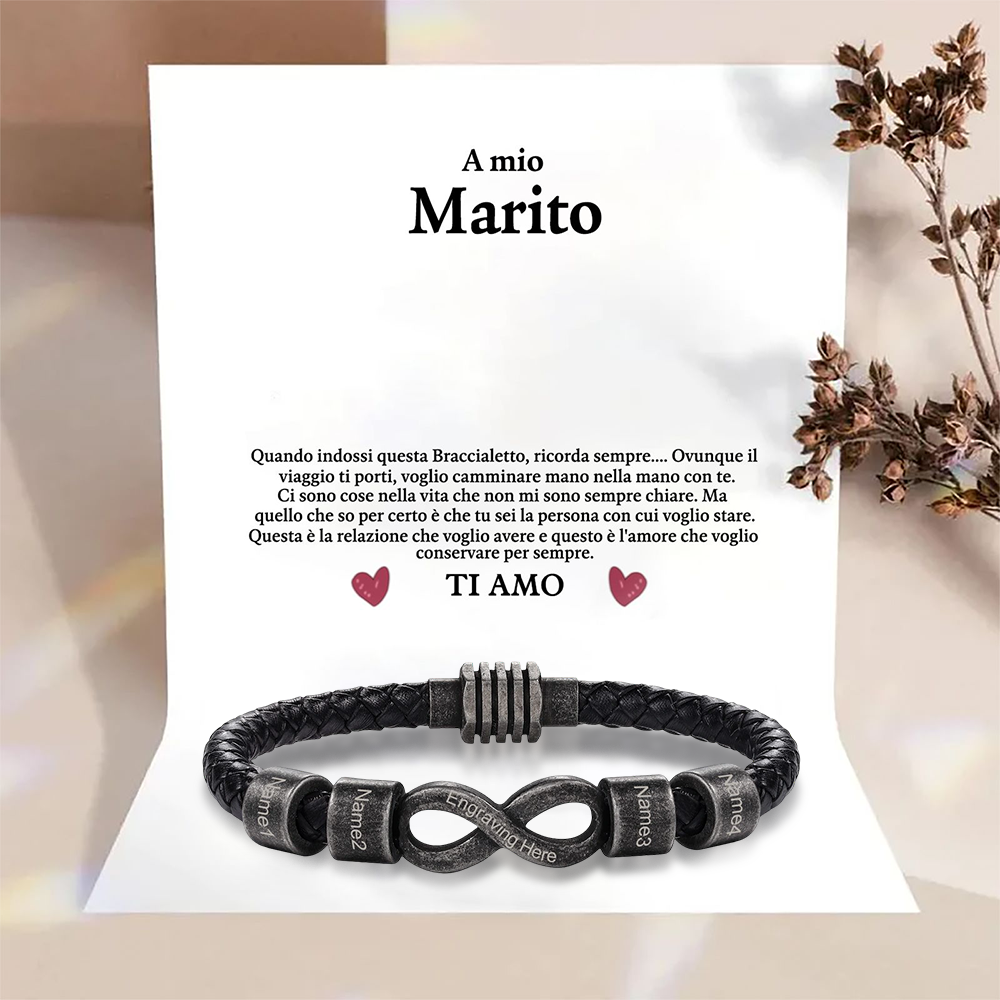 Bracciale Infinito Personalizzabile – Personalizzato con 4 Nomi e 1 Testo "A Mio Marito" – Regalo di San Valentino per Lui | Jessemade