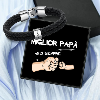 A MIO PAPÀ-Braccialetto di pelle intrecciatta con 1 nome personalizzato di perline regalo per la festa del papà