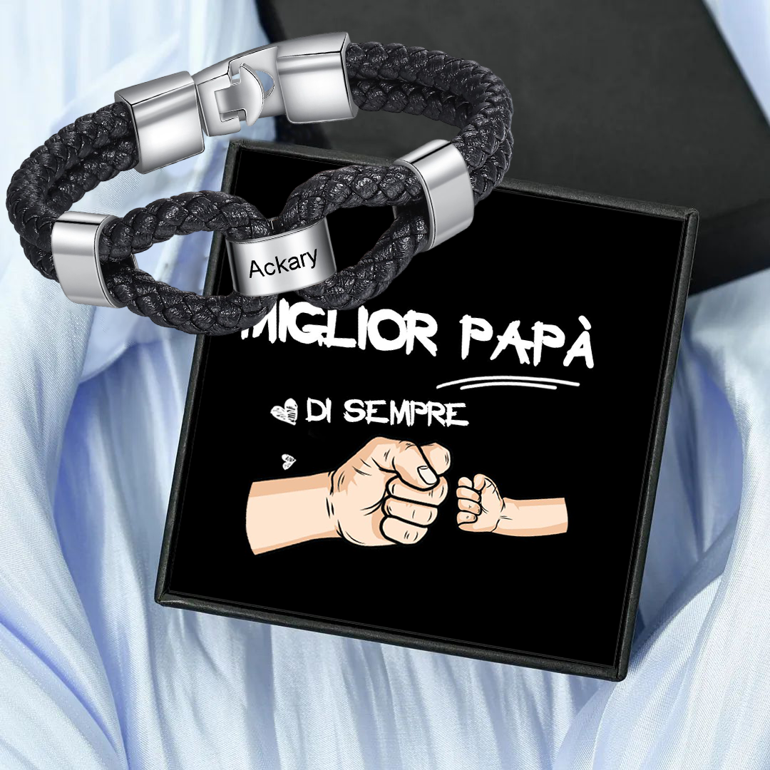 Bracciale in Pelle da Uomo Personalizzato con 1 Nome – Regalo Speciale con Carta Pugno per la Festa del Papà | Jessemade
