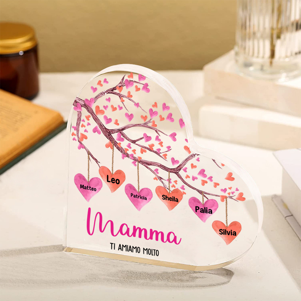 Targa acrilica personalizzata a forma di cuore - Albero - con 1-10 nomi - Regalo per la mamma
