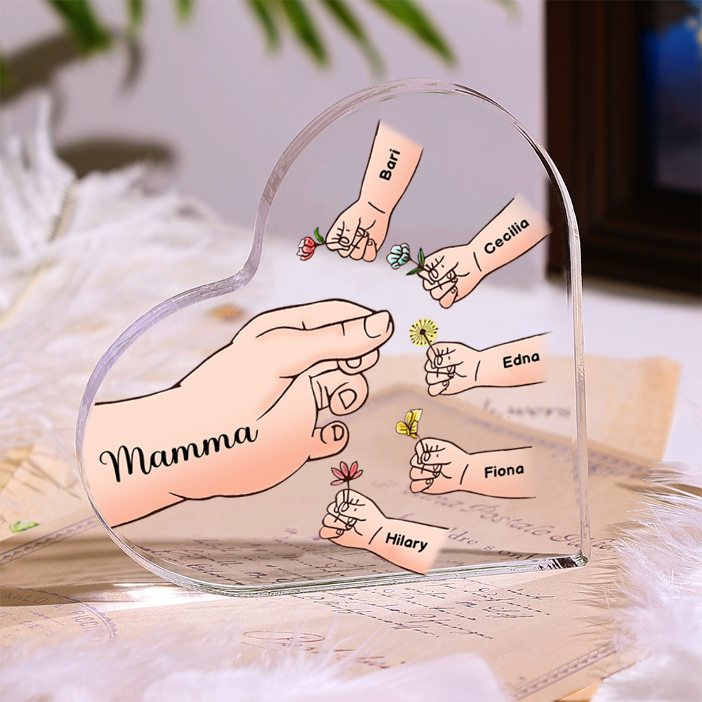 Targa acrilica personalizzata a forma di cuore "Mani" - con 1-8 nomi e fiori - Regalo per la mamma