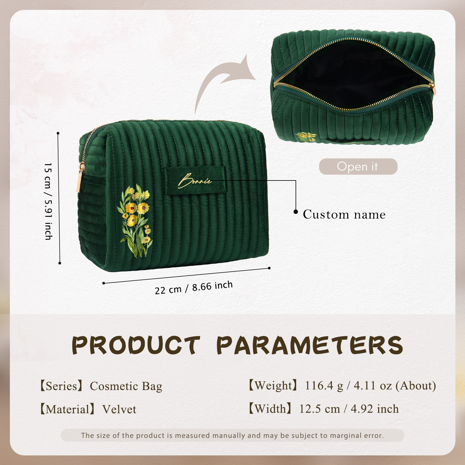 Borsa portabile per cosmetici in velluto per donna 1 nome e 1 fiore di nascita personalizzato multicolori da scegliere