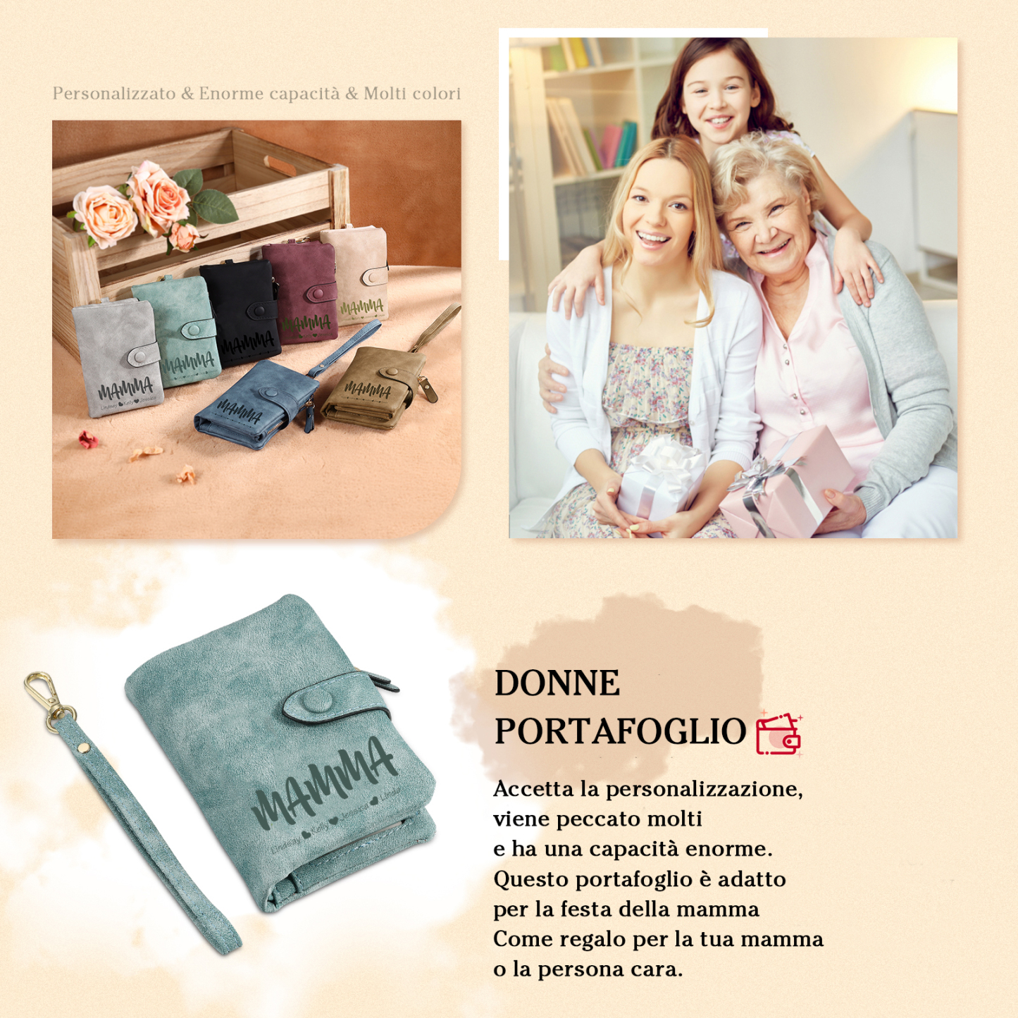 Portafoglio in PU pelle con 6 nomi & 2 testi & 1 foto personalizzati per mamma