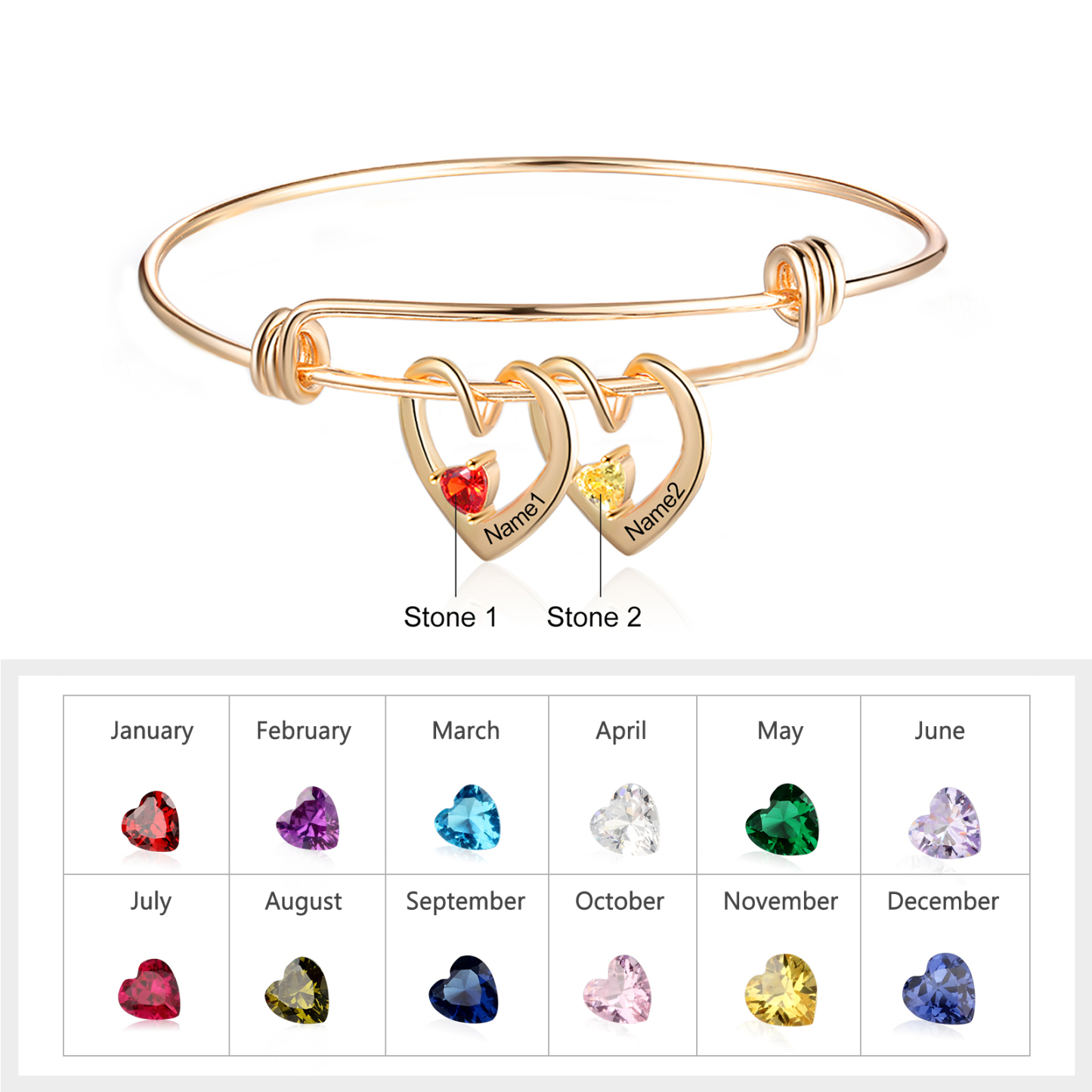Bracciale con 2 nomi personalizzati e 2 pietre di nascita