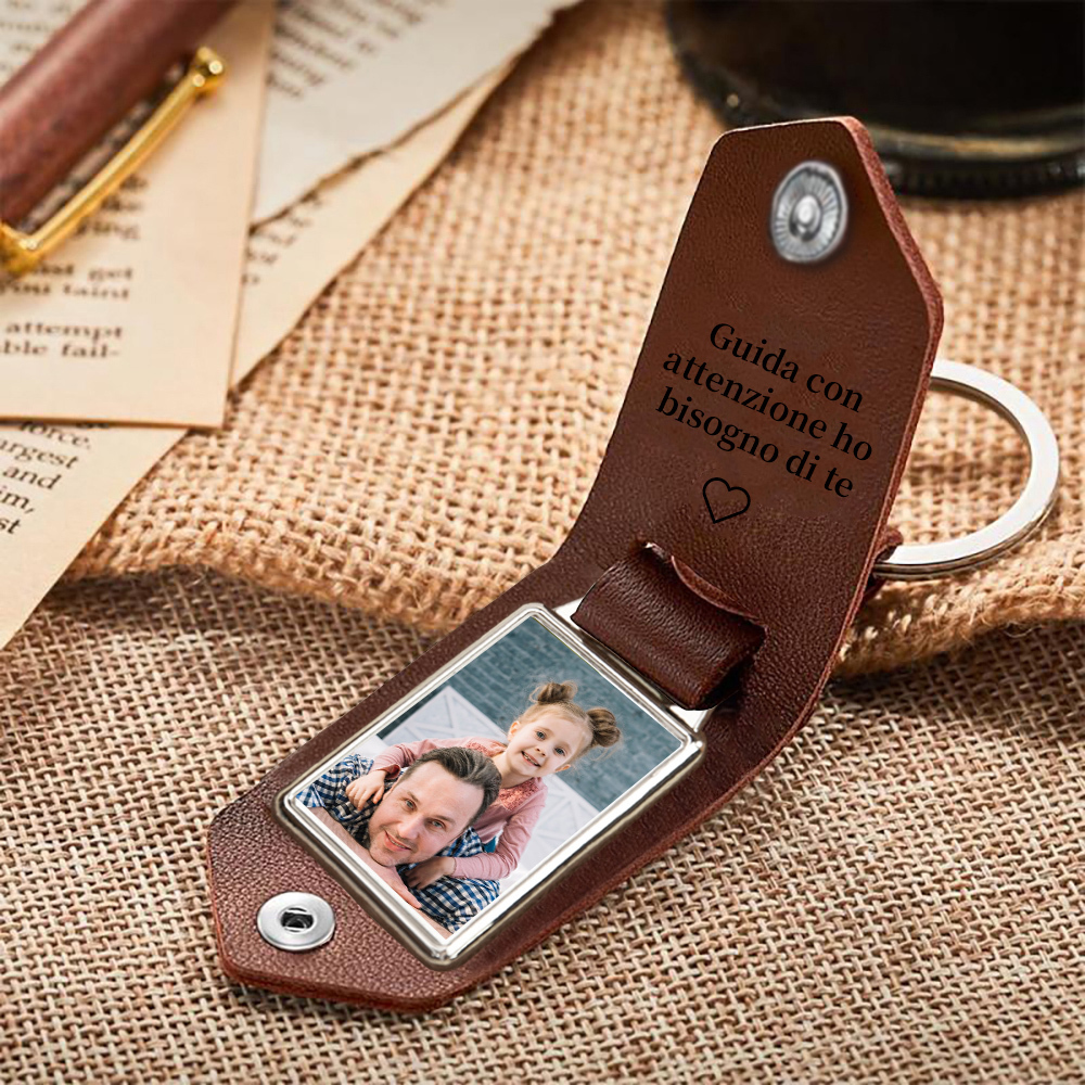 Guida con attenzione-Portachiavi Pelle 1 foto e 1 testo personalizzabili per Papà