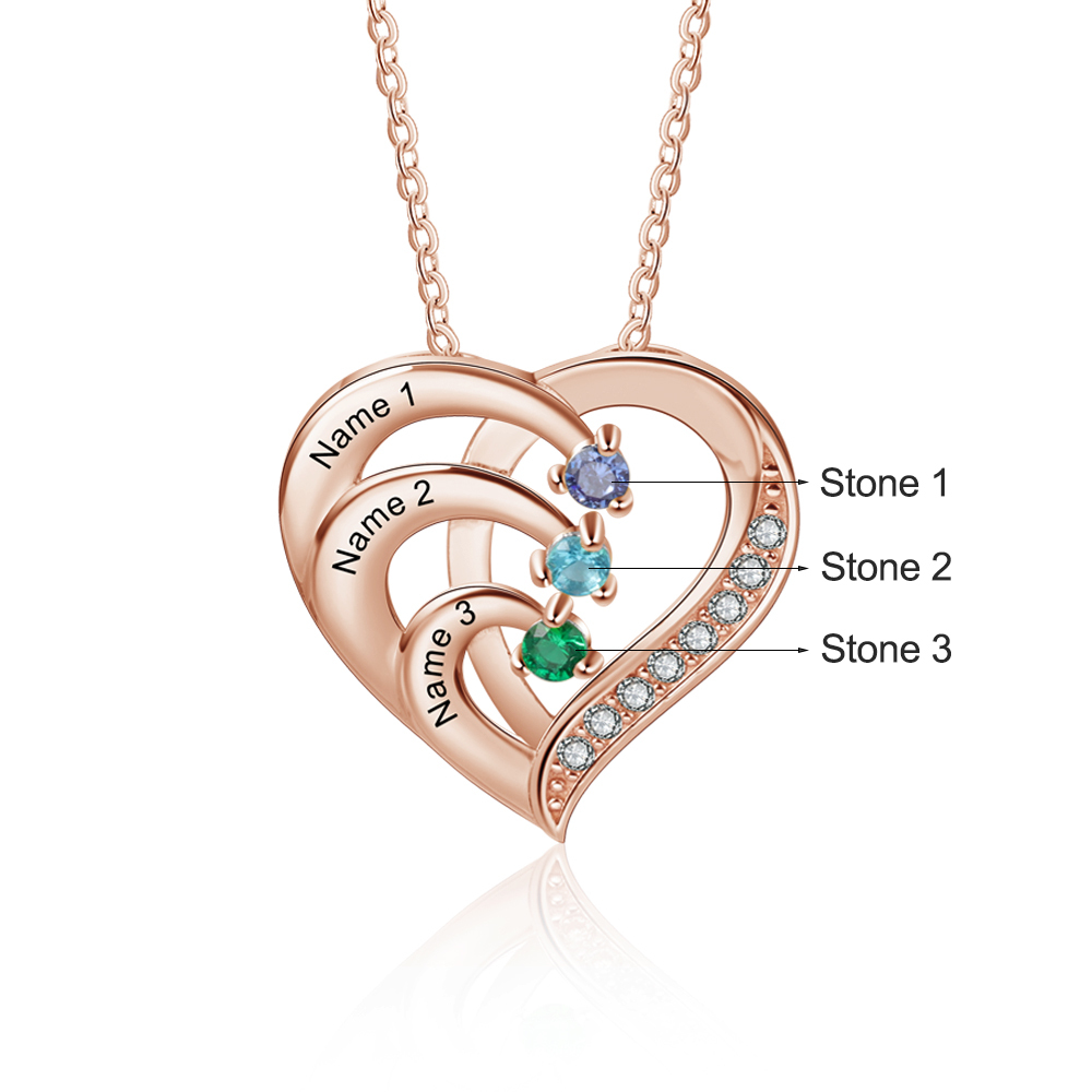 Argento S925 Collana con 3 nomi personalizzati e 3 pietre di nascita in ciondolo a cuore