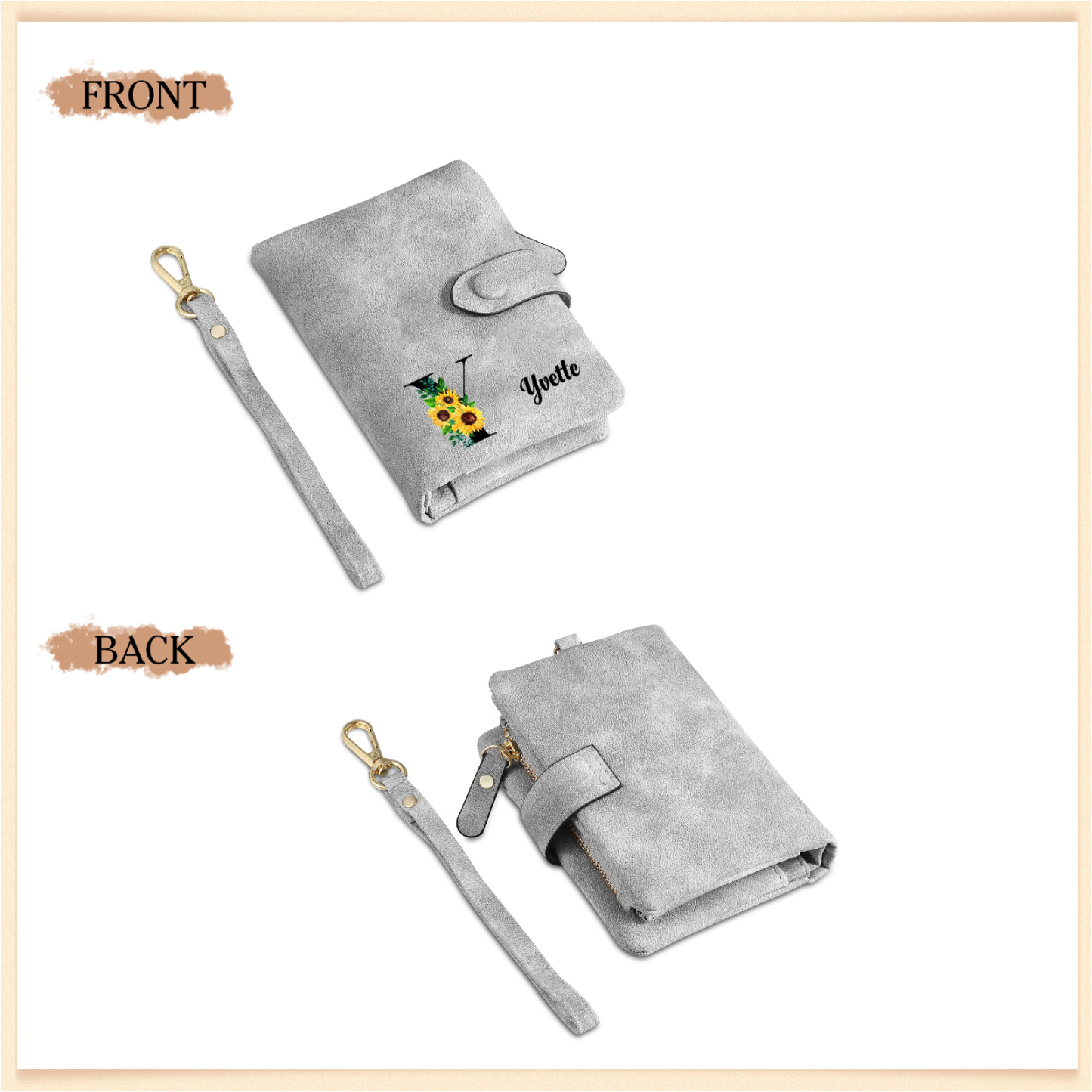 Portafoglio in PU pelle girasole con 1 letetra & 1 testo & 1 nome & 1 foto personalizzati per mamma/nonna