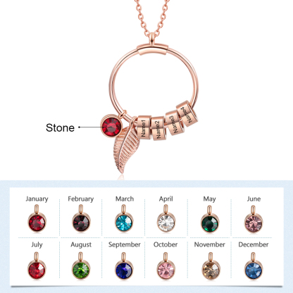 Collana con ciondolo foglia e cerchio 4 nomi e 4 pietre di nascita personalizzati regalo per donna