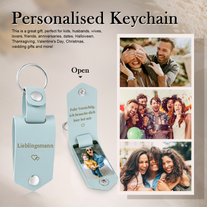 Portachiavi azzurro in Pelle 1 foto e 2 testi personalizzati per mamma