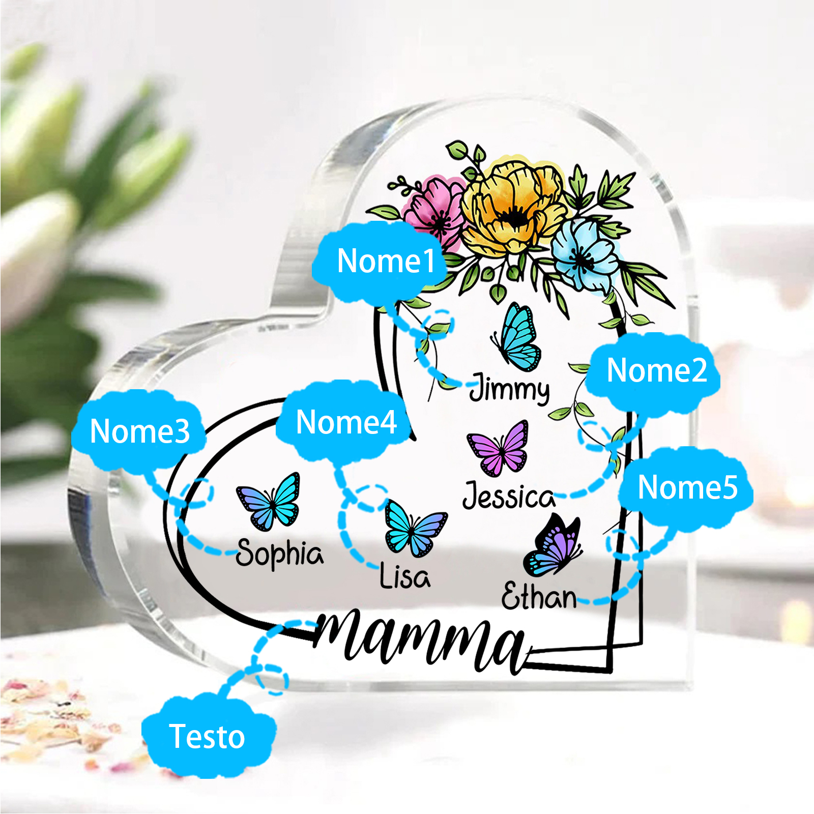 Decorazione Acrilica a Forma di Cuore Personalizzata con Farfalla – 5 Nomi e Testo per Nonna o Mamma | Jessemade