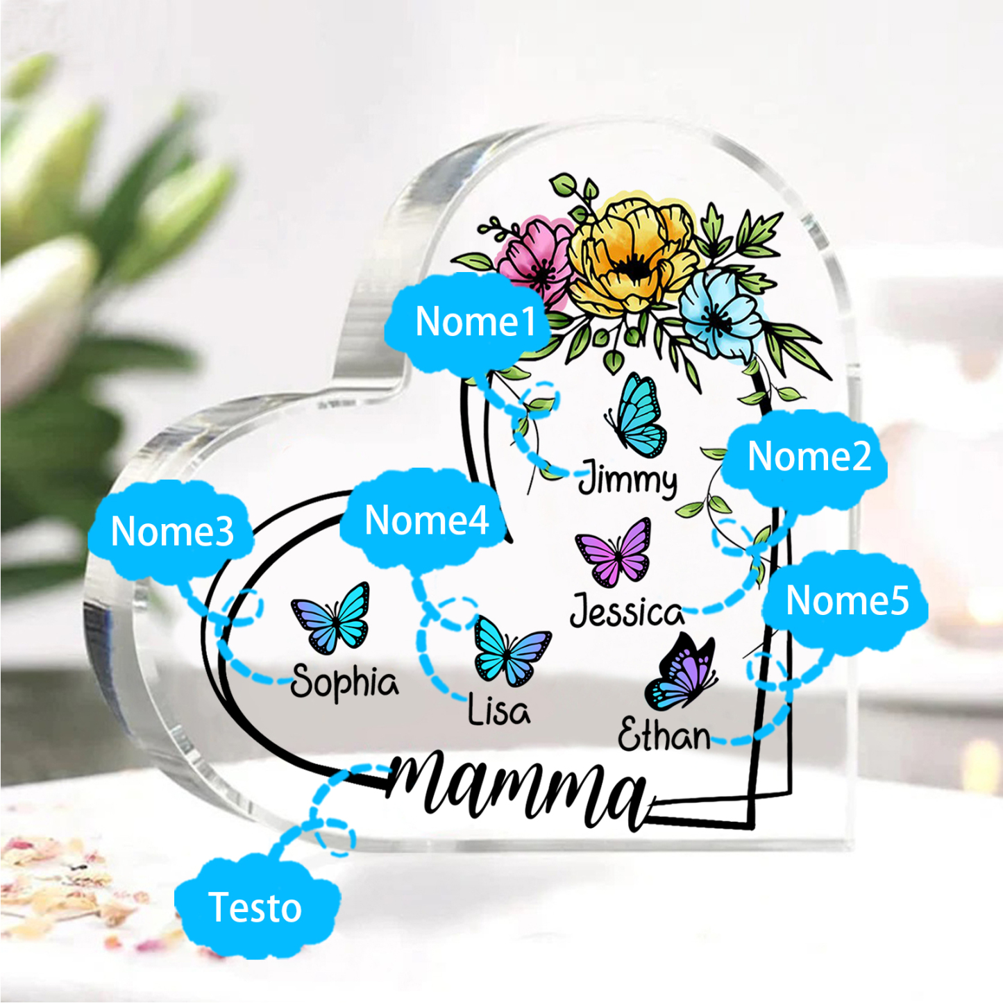 Decorazione Acrilica a Forma di Cuore Personalizzata con Farfalla – 5 Nomi e Testo per Nonna o Mamma | Jessemade