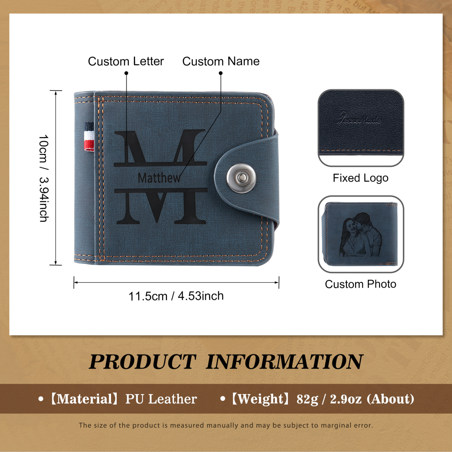 Portafoglio in PU pelle da uomo 1 nome 1 lettera e 1 foto personalizzabili regalo per uomo